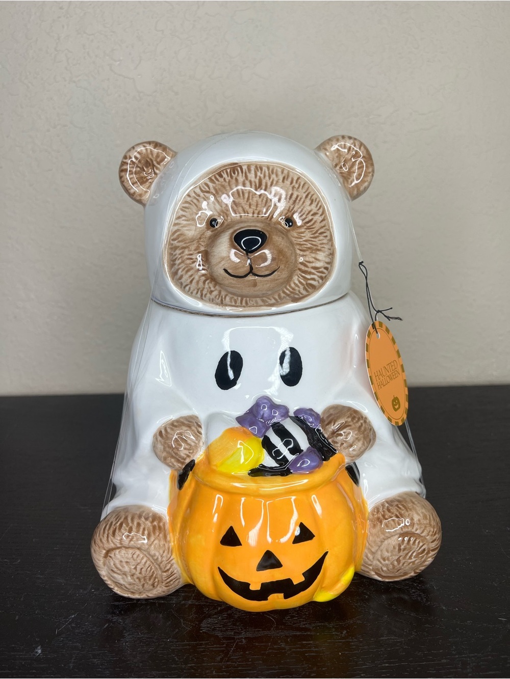 NEW Haunted Halloween Ghost Bear with Candy Basket Cookie Jar